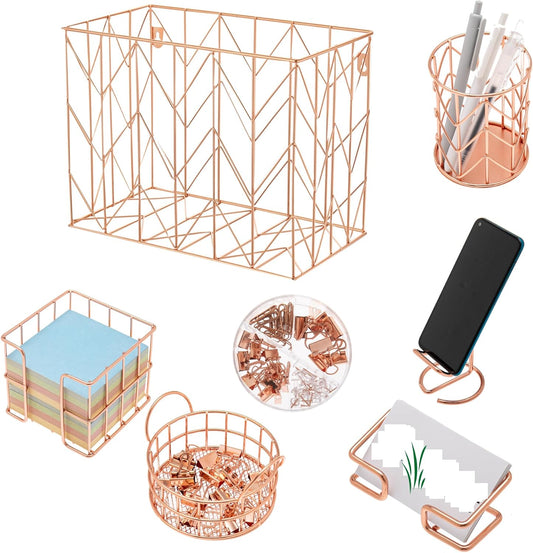 Hanging Rose Gold File Organizer, equipped with a 6-piece set of rose gold desktop accessories