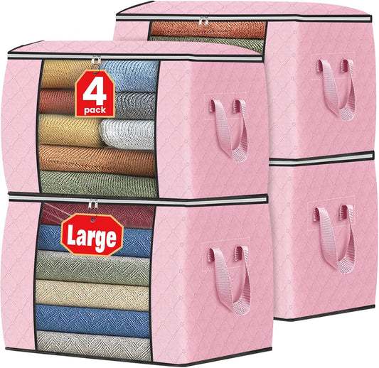 Fab totes 24 Gallons Clothes Storage, Foldable Thick Fabric Blanket Storage Bags, Containers for Organizing Bedroom, Closet, Clothing, Comforter, Organization with Handle (4 Pack,Pink)