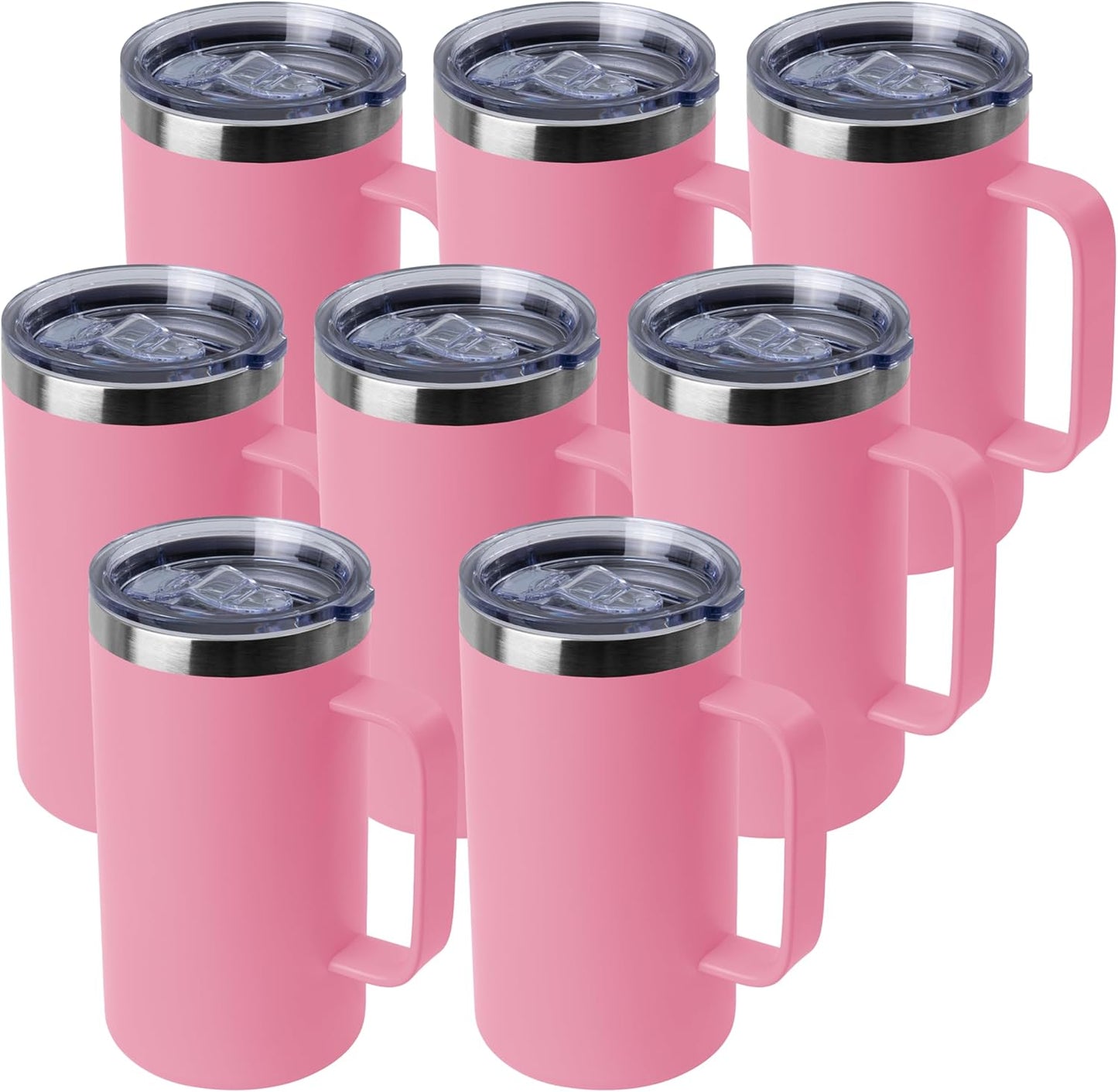 DOMICARE 24oz Mug with Handle and Lid, Stainless Steel Coffee Mug, Travel Mug with Handle, Double Wall Vacuum Coffee Tumbler, Reusable Insulated Cup, Pink, Pack 8
