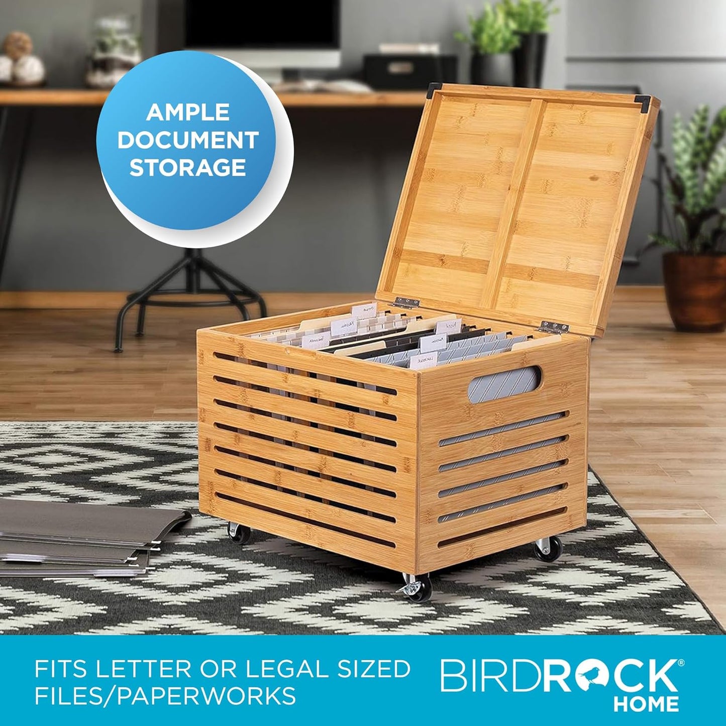 BIRDROCK HOME Rolling File Storage Organizer Box with Lid (New Version) - Bamboo Decorative Wood Hanging File Box for Letter/Legal Documents, Binders, Blankets - Durable Office Organizer - Natural