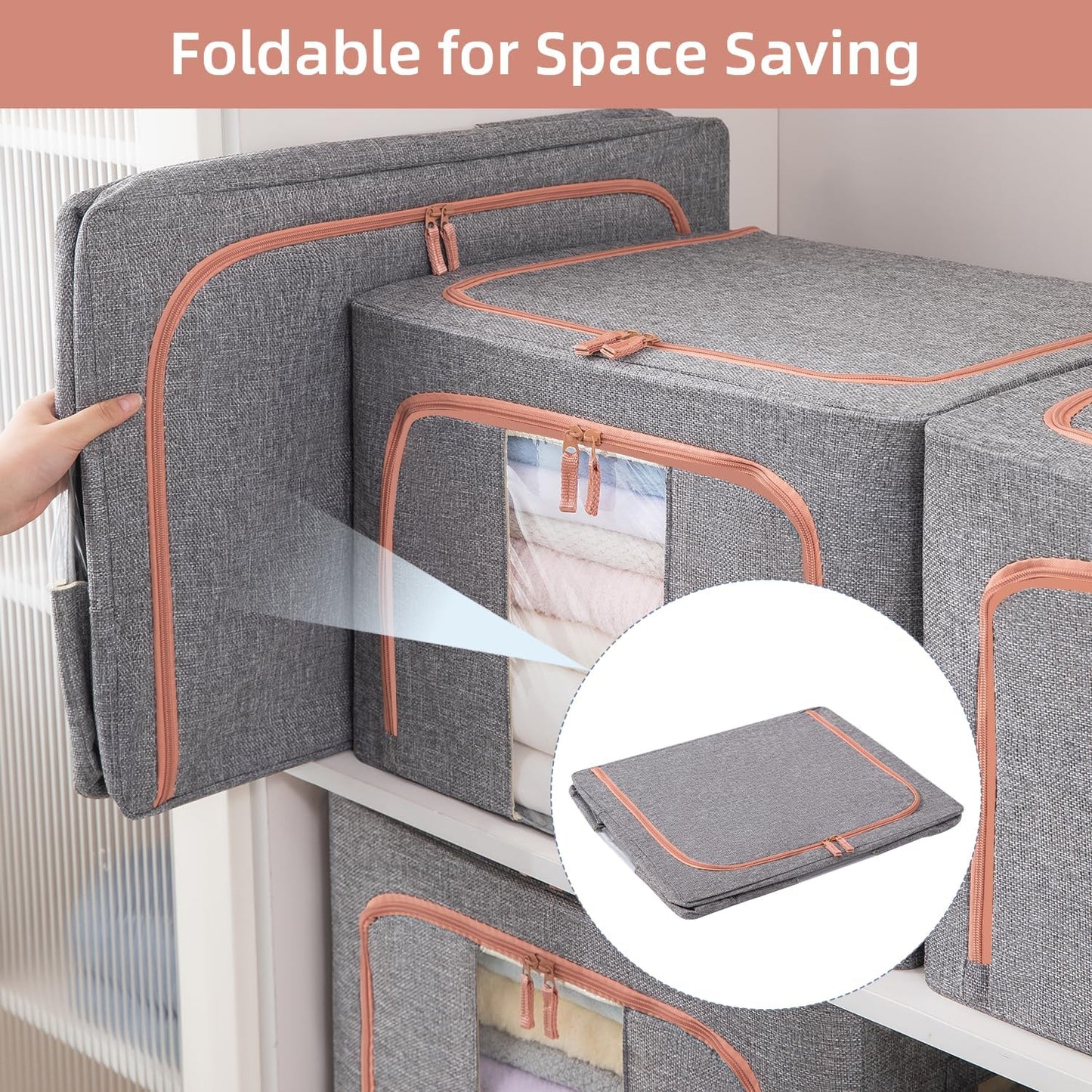 3 Pack 100L Stackable Clothes Storage Bins with Metal Frame Handles & Zipper, Collapsible Closet Organizer Box with Lid for Bedding Blankets Towel (Grey)