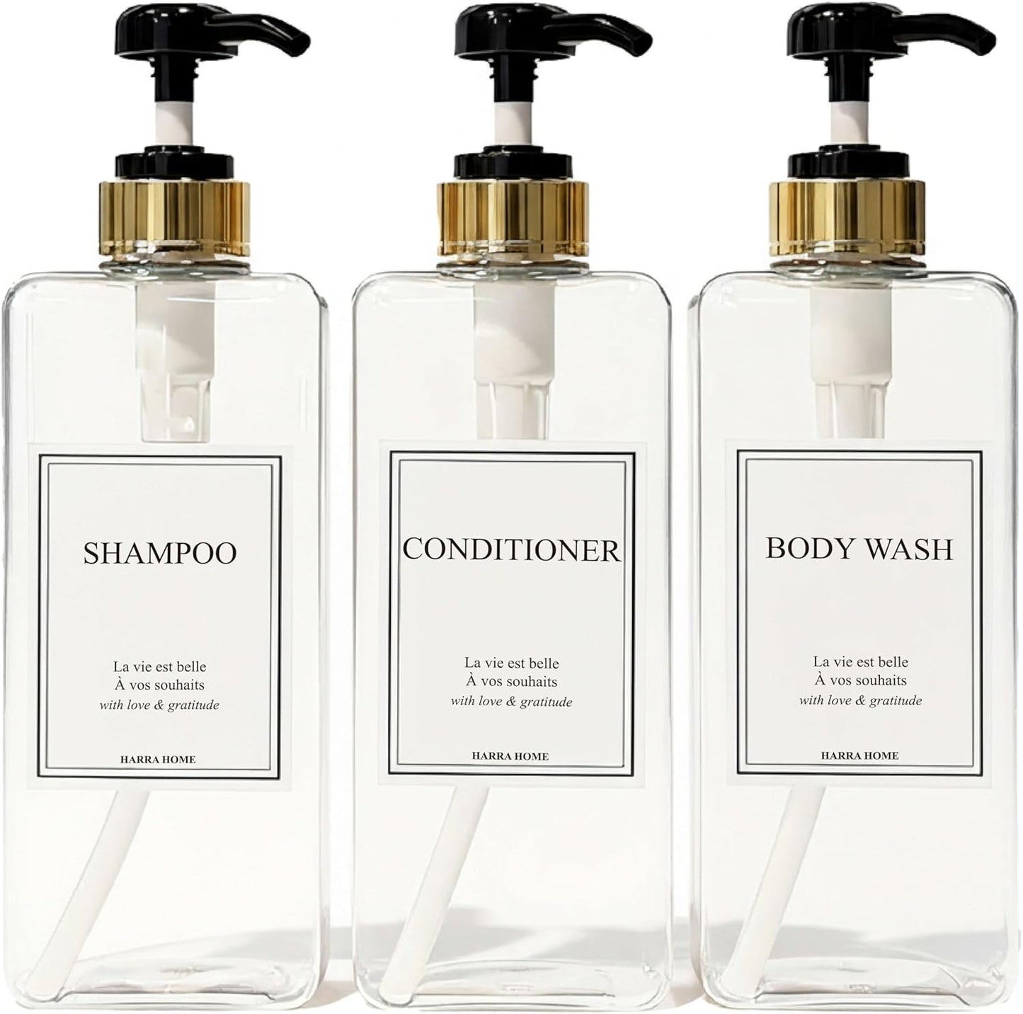 Modern Gold Design Large 27 oz Shampoo and Conditioner Dispensers - Empty Plastic Refillable Pump Bottle Set for Bathroom Shower Soap Dispenser, Gift Box Included, Set of 3 (Clear & Black)