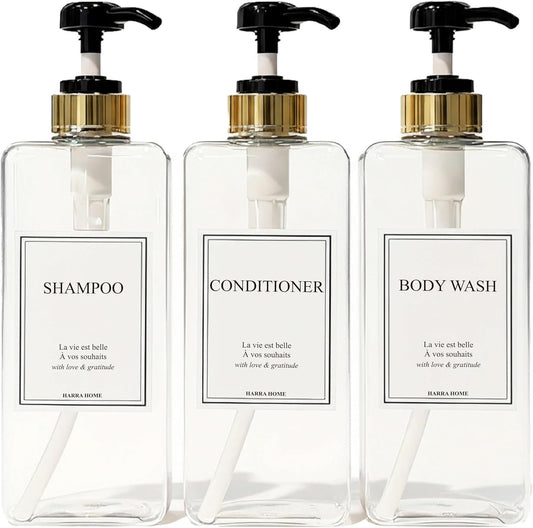 Modern Gold Design Large 27 oz Shampoo and Conditioner Dispensers - Empty Plastic Refillable Pump Bottle Set for Bathroom Shower Soap Dispenser, Gift Box Included, Set of 3 (Clear & Black)