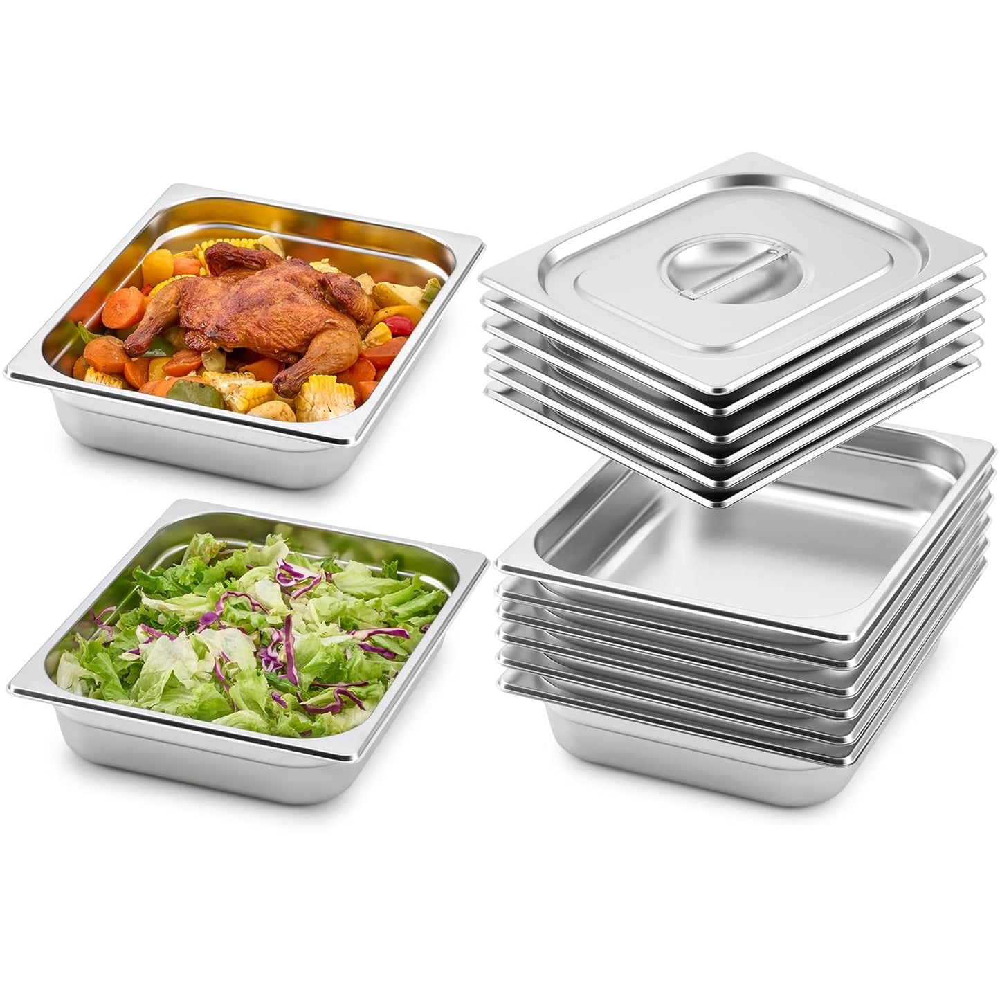WILPREP 6 Pack Hotel Pans NSF Listed, 1/2 Size 2.5 in Deep Steam Table Pans with Lids, Food Grade Stainless Steel Hotel, 4.8 qt Catering Food Storage for Buffets Events Restaurants