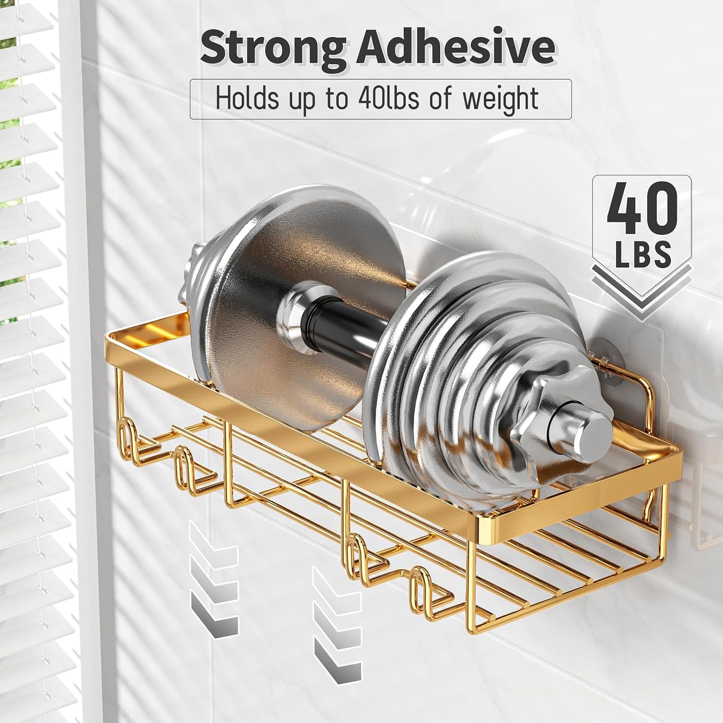 10 Pack Shower Caddy Organizer Rack Shelf for Inside Shower, Self Adhesive Wall Storage Basket Rustproof Stainless Steel Shampoo Holder Bathroom Accessory Decor Set, Gold