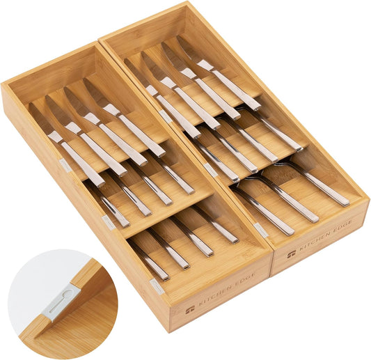 KitchenEdge Premium Cutlery, Flatware, and Silverware Drawer Organizer – Slanted 3-Compartment Design with Labeled Slots, Non-Slip Feet, 100% Sustainable Bamboo, 2 Pack