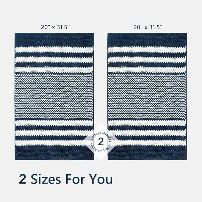 Tindbea Bathroom Rugs Set 2 Piece, Extra Soft and Absorbent Fluffy Striped Chenille Bath Mat Rug Set, Non Slip Bathroom Floor Mat, Machine Washable (20" x 32" Plus 20" x 32", Navy Blue)