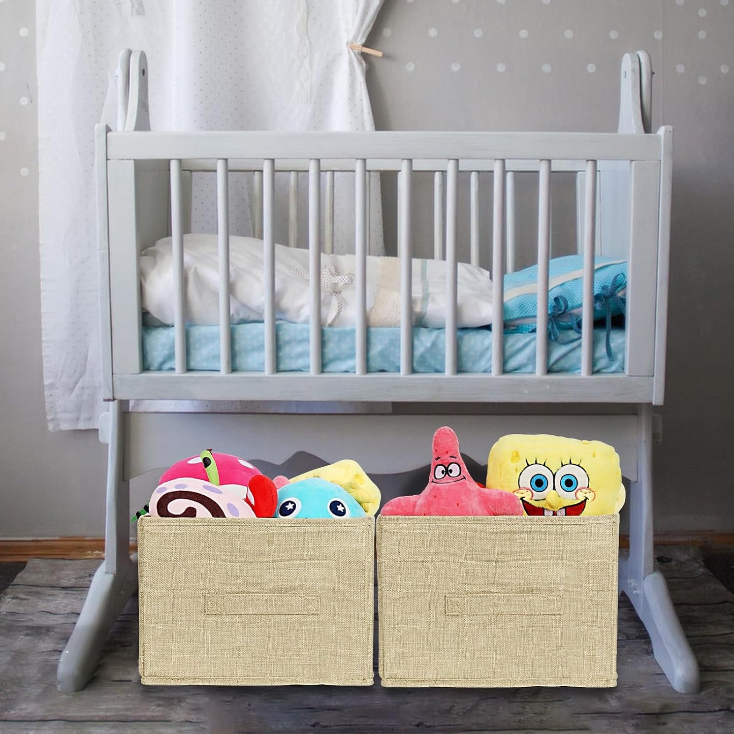 Open Storage Bins with Handle BOPEY Clothes Organizer Container Linen Fabric Foldable Basket for Home Closet Shelves Nursery Toys Books Beige Large 3-pack (BP006)