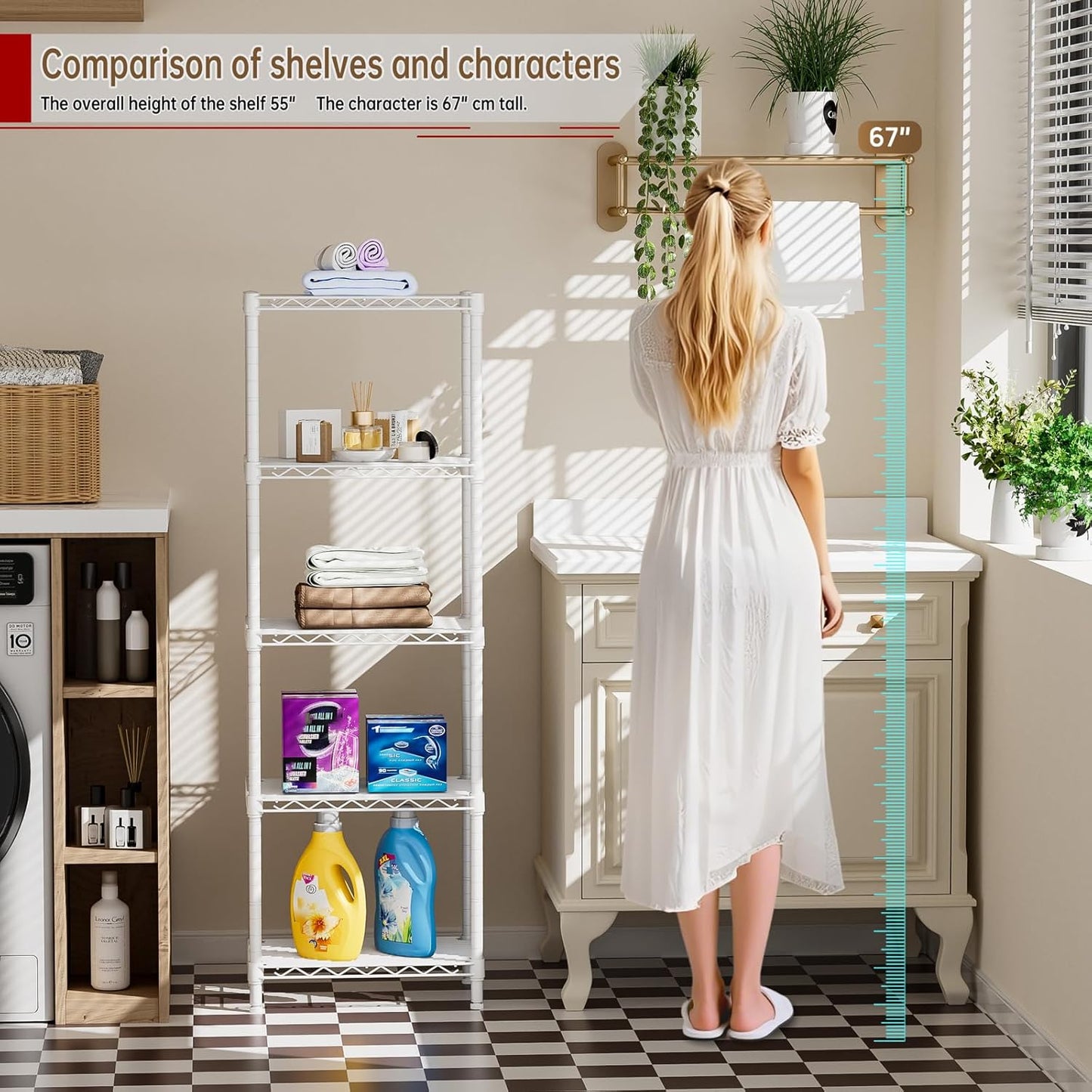 Small 5 tire Shelves Storage Wire Shelving Unit Metal Shelf Adjustable Organizers Storage Shelving for Bathroom Laundry Room Kitchen Pantry10”D x 16”W x 55”H White