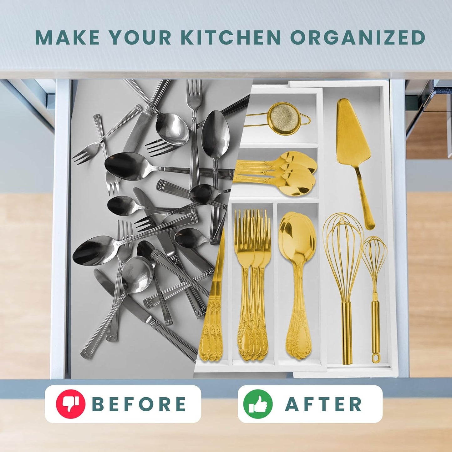 Sben Expandable Drawer Organizer for Utensils Holder, Adjustable Cutlery Tray, 6-8 Slots, Premium Wood Drawer Dividers Organizer for Silverware, Flatware, Knives for Kitchen (White)