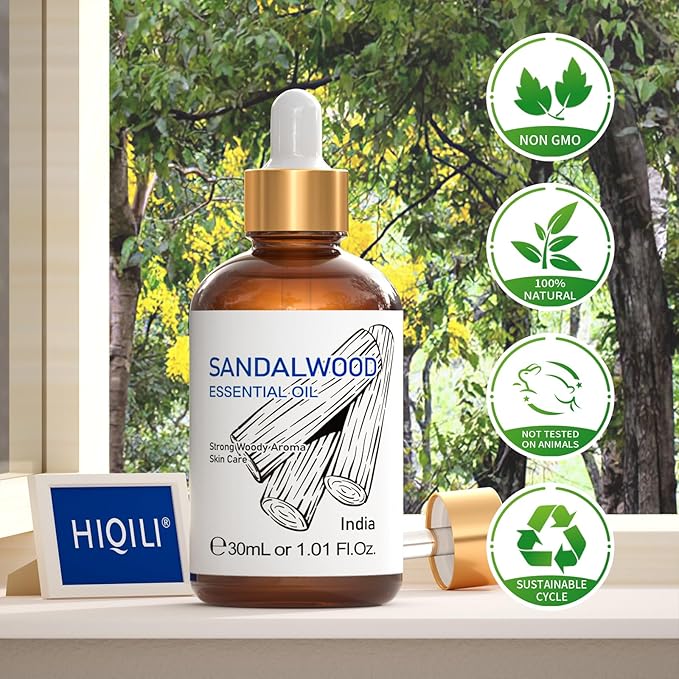 HIQILI Sandalwood Essential Oils 1 Fl Oz, 100% Pure Natural Therapeutic Grade for Skin, Diffuser, Perfume, Candle Soap Making, Includes Premium Quality Glass Dropper