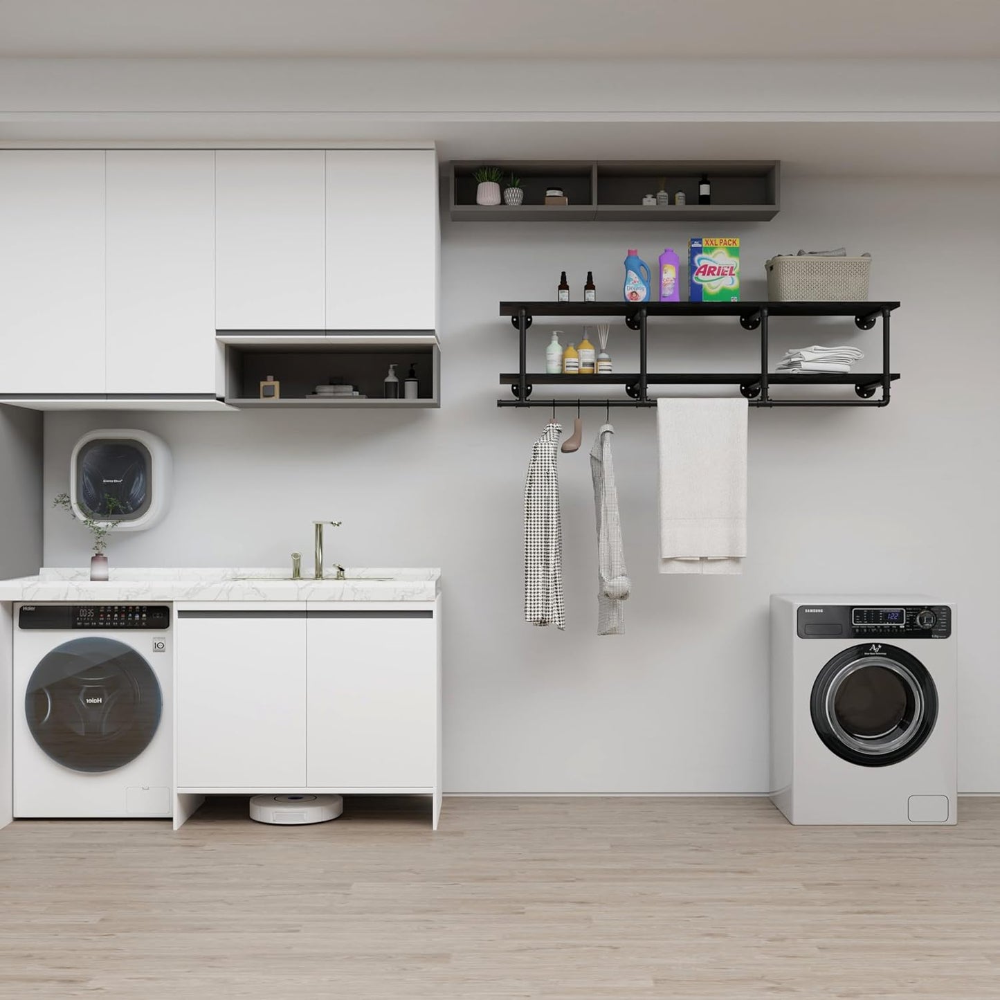 Wall Mounted Clothes Rack 12 Inch Deep, 60 Inch Heavy Duty Garment Rack with Real Black Wood Shelf, Multi-Purpose Hanging Rod & Space-Saving Closet Storage Organizer