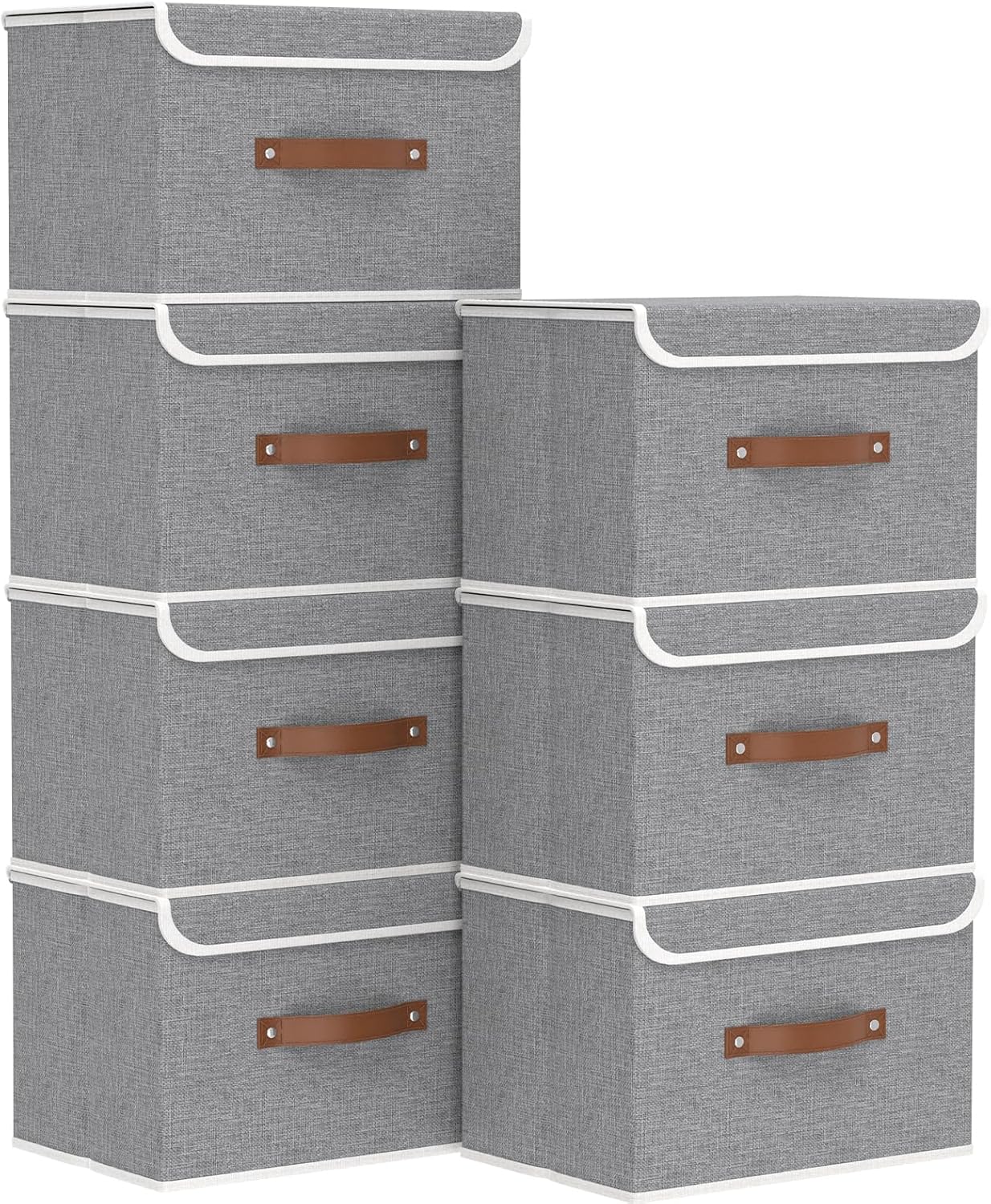 Yawinhe Storage Bins with Lids, Closet Baskets, Washable and Leather Handle, Collapsible Boxes for Home, Grey, 17.7''Lx11.8''Wx11.8''H, 7-Pack, USNK024GX-7