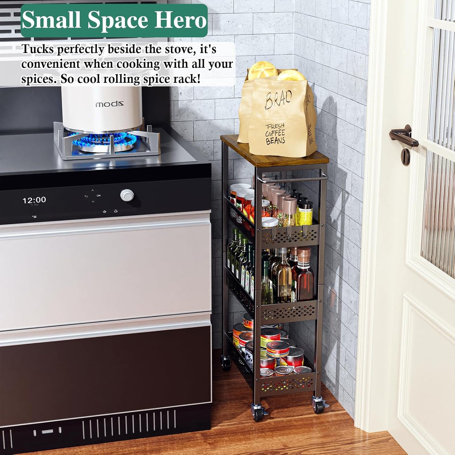 Utility Slim Storage Cart, 4-Tier Narrow Bathroom Organizer and Storage Cart, Metal Narrow Kitchen Laundry Room Organization Rack with Wood Top, Slim Rolling Shelf with Wheels for Small Space