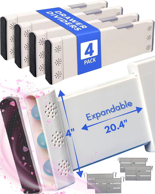 4 Pack Drawer Dividers for Clothes with Insert Slots 4" High, 13-20.4" and 4 Adjustable Hooks, Expandable Dresser Drawer Dividers and Organizer for Closet, Kitchen, Bathroom, Office