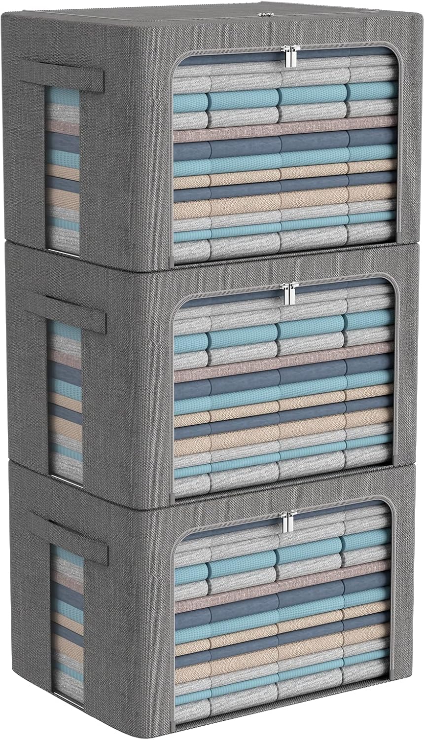 3Pack Foldable Storage Bins - Frame Storage Box Linen Fabric Stackable Clothes Container Organizer with Clear Window & Carry Handles Large Capacity (Large-66L, Dark Gray)