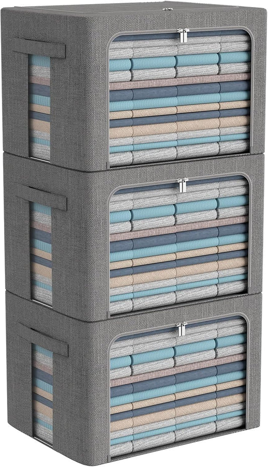 3Pack Foldable Storage Bins - Frame Storage Box Linen Fabric Stackable Clothes Container Organizer with Clear Window & Carry Handles Large Capacity (Large-66L, Dark Gray)