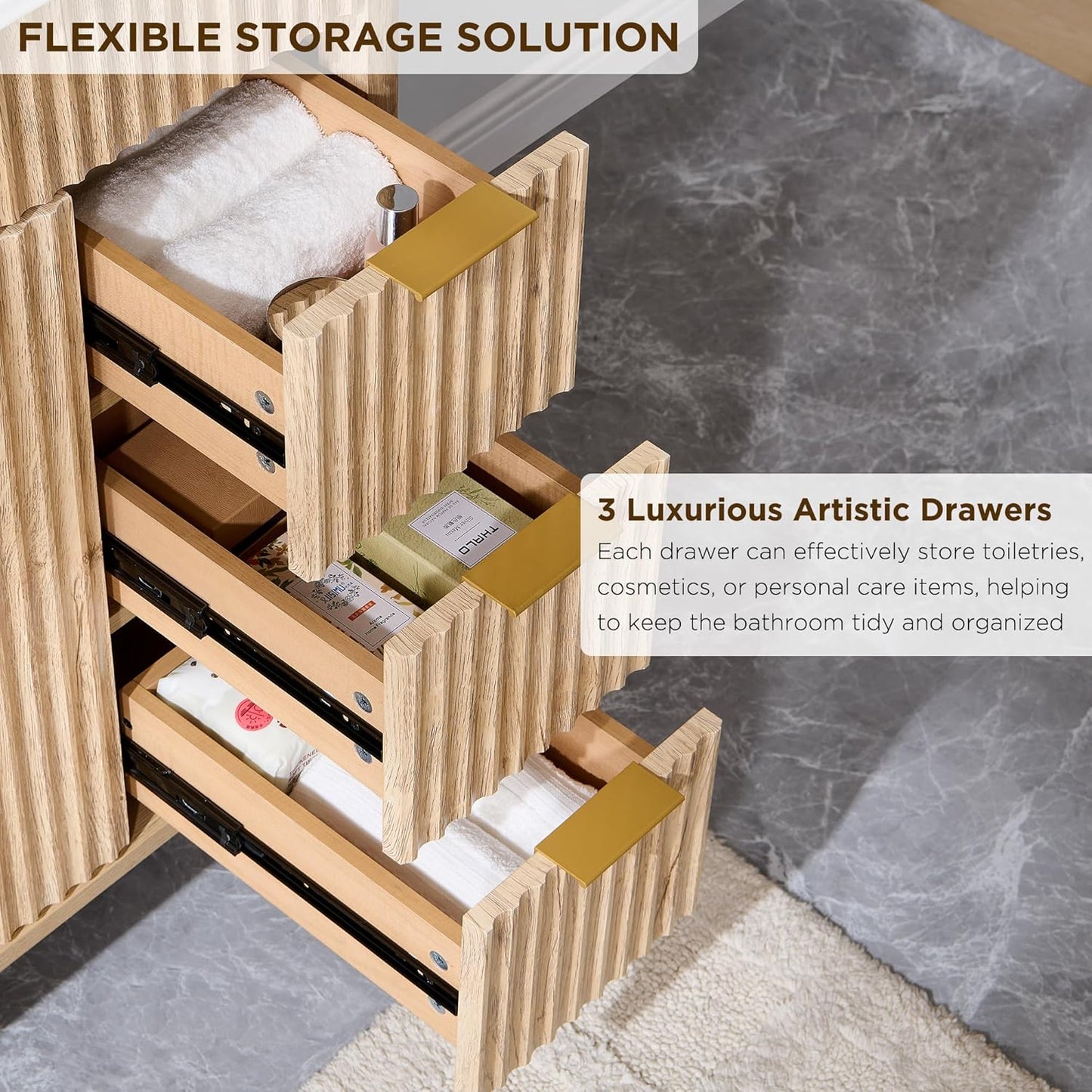 T4TREAM 30" Fluted Bathroom Vanity with Ceramic Sink Combo，Freestanding Modern Bathroom Storage Vanity Cabinet with 2 Soft Closing Doors & 3 Drawers，Wood Grain Texture，Metal Handle，Natural Oak