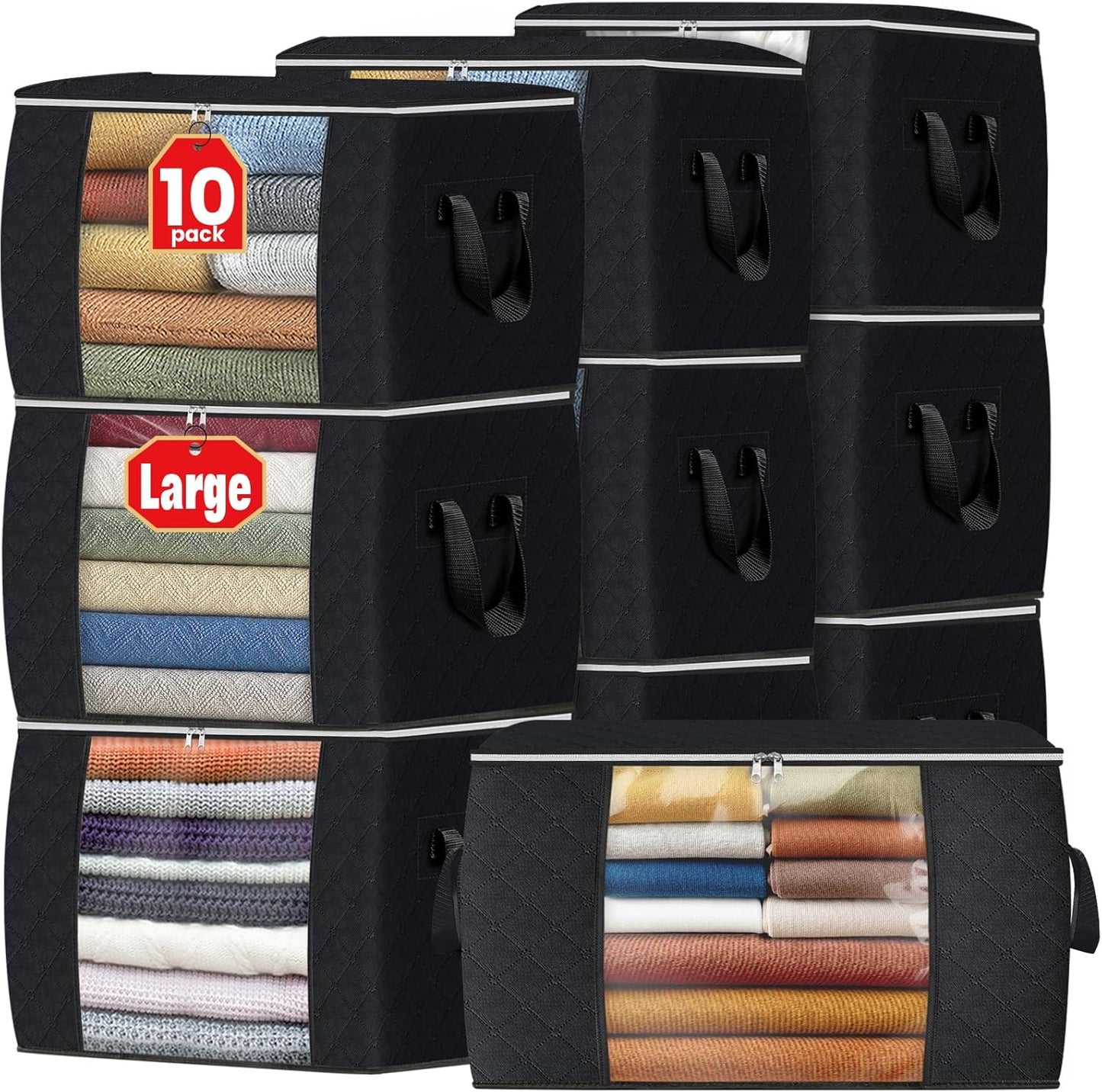 Fab totes 24 Gallons Clothes Storage, Foldable Thick Fabric Blanket Storage Bags, Containers for Organizing Bedroom, Closet, Clothing, Comforter, Organization with Handle (10 Pack,Black)
