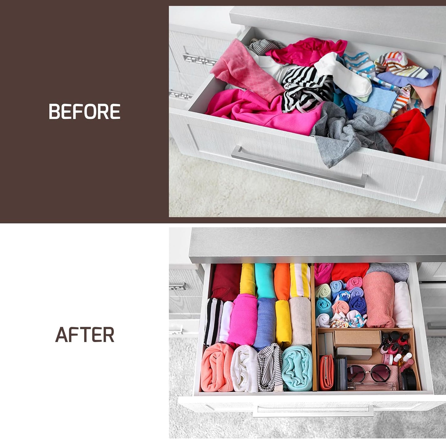 6 Pack Drawer Dividers 4 Inch High, 11”-17" Adjustable Bamboo Organizers Large Expandable Drawer Separators for Cloths, Dresser, Bedroom, Bathroom, Baby Drawer, Office & Kitchen Utensils (Natural)