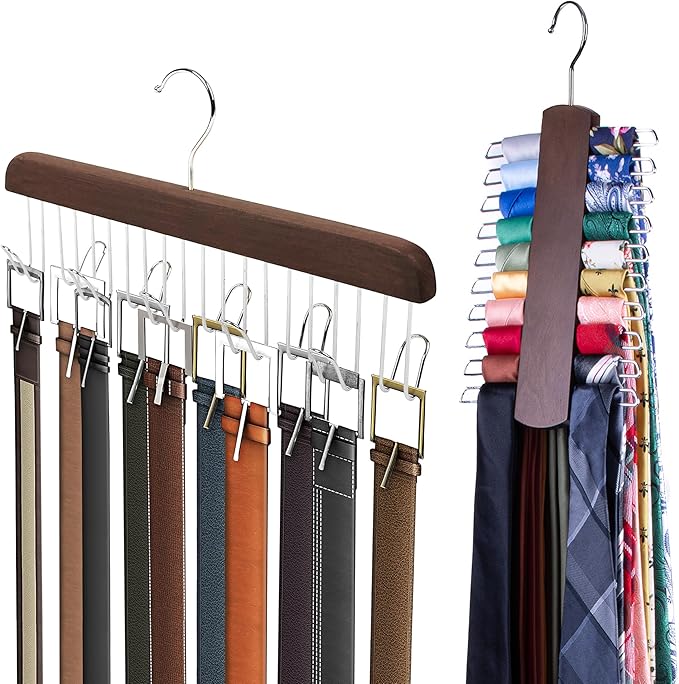 Umo Lorenzo Premium Wooden Tie and Belt Hanger - Gift Set for Men - Walnut Wood Organizer and Storage Rack