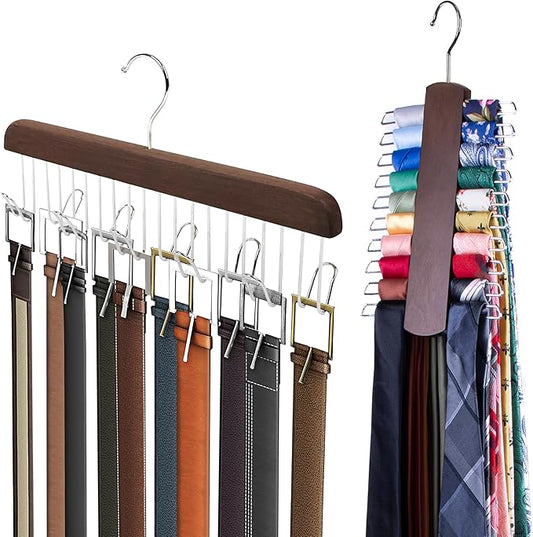 Umo Lorenzo Premium Wooden Tie and Belt Hanger - Gift Set for Men - Walnut Wood Organizer and Storage Rack