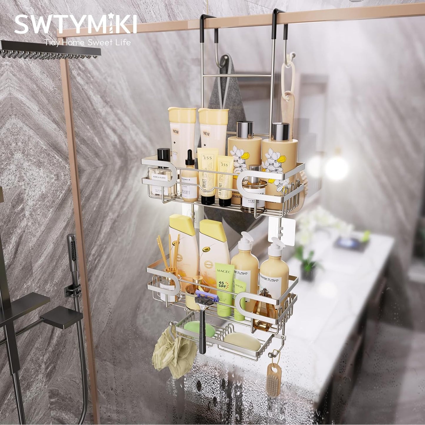 SWTYMIKI Over The Door Shower Caddy - Stainless Steel Hanging Shower Organizer With Soap Holder & 16 Hooks No Drilling Hanging Caddy Over Door To Organize Bathroom Essentials, Sand Nickel