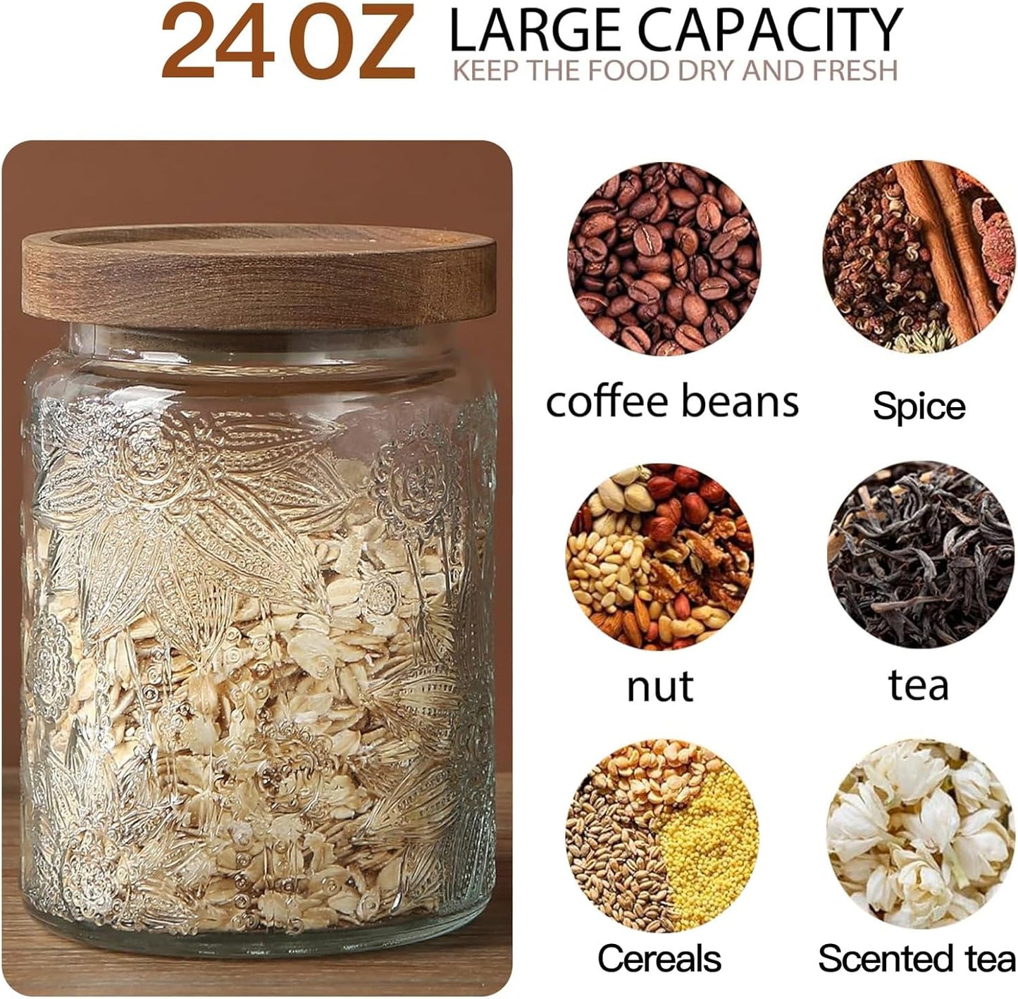 24 OZ Airtight Glass Storage Jar with Bamboo Lid - Vintage Glass Jar Vintage Food Containers Canisters Set for Kitchen Counter & Pantry - Ideal for Sugar, Flour, Coffee, Tea, Candy, Oats -4 Pack