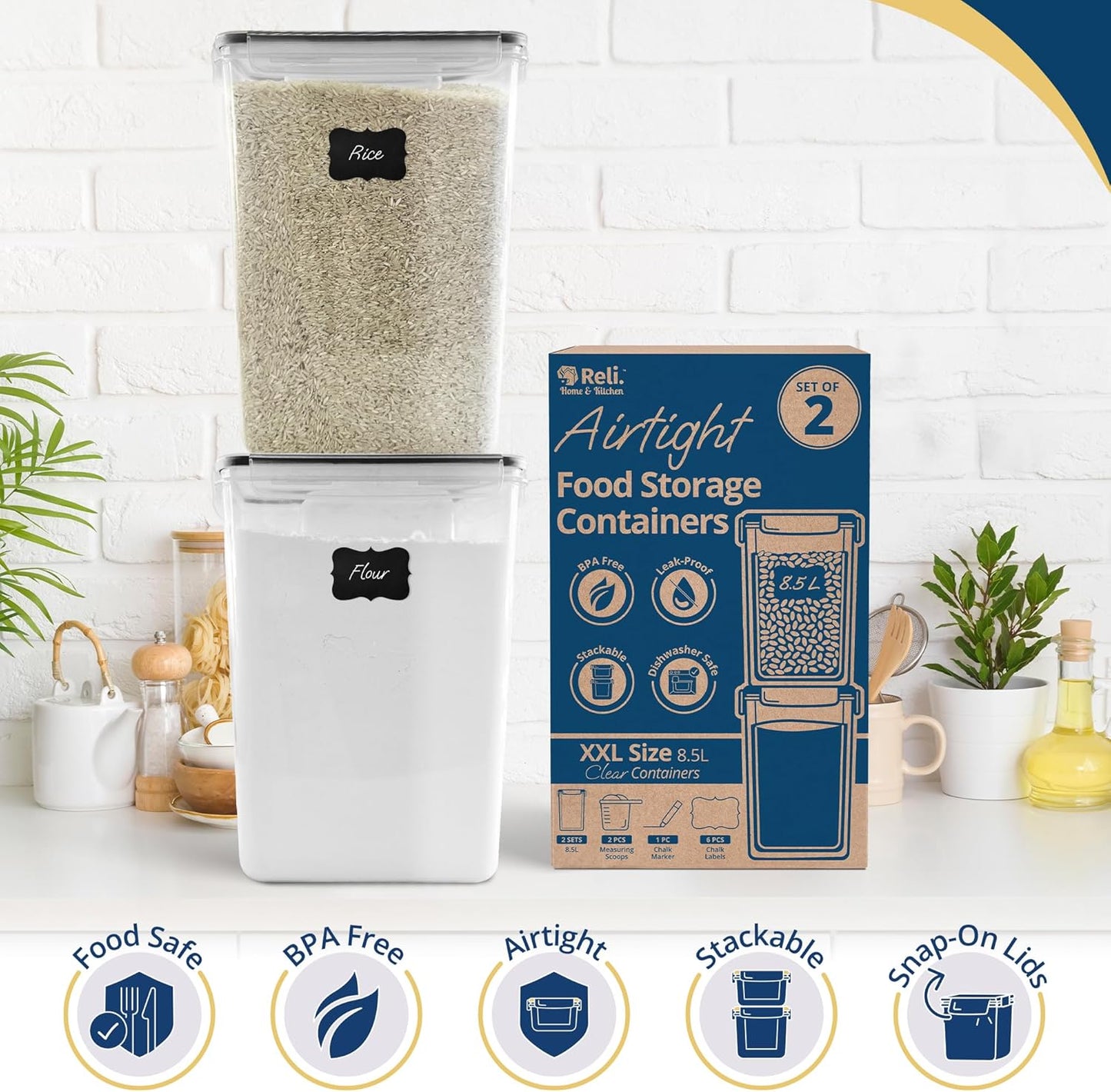 Reli. 8.5L Airtight Food Storage Containers with Lids (2 Sets) Kitchen Organizers and Storage Containers, Pantry Organizers | BPA Free Plastic XXL Set w/ 2 Measuring Cups, 6 Labels, Pen