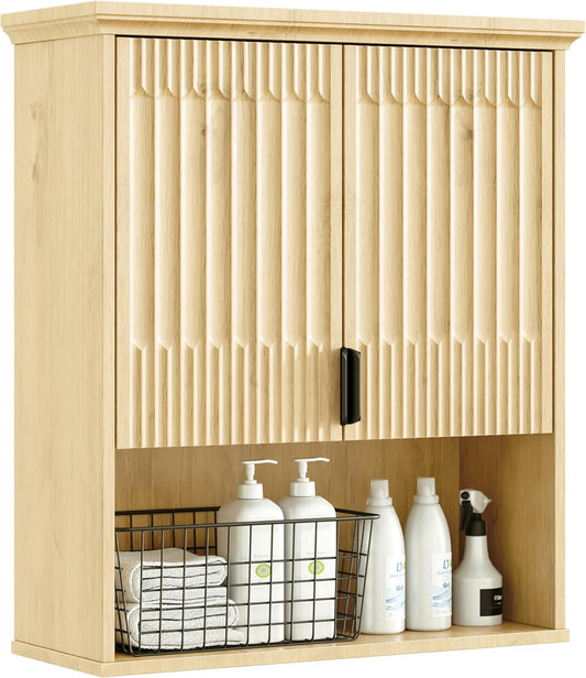 FLOWBACK Wall Mount Bathroom Cabinet, Wooden Medicine Cabinet Storage Organizer with Fluted Doors and Adjustable Shelf, Over The Toilet Space Saver Storage Cabinet