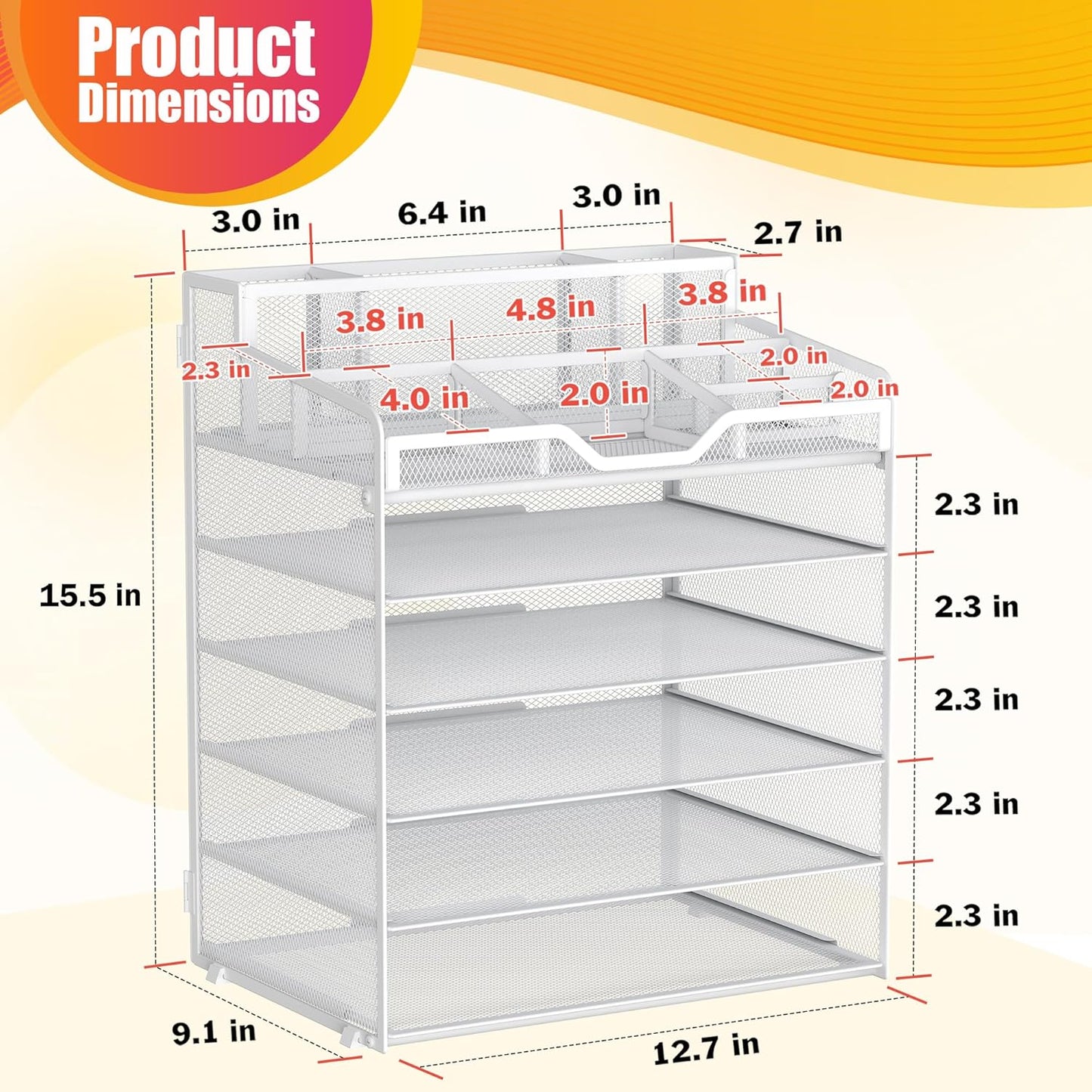 Docnest 6 Tier Mesh Desk Organizer for Paper Office Supplies – Multi-Functional Letter Tray with 5 Adjustable Compartments, 3 Pen Holders, Desktop Storage for Files, Mail, Stationery – White