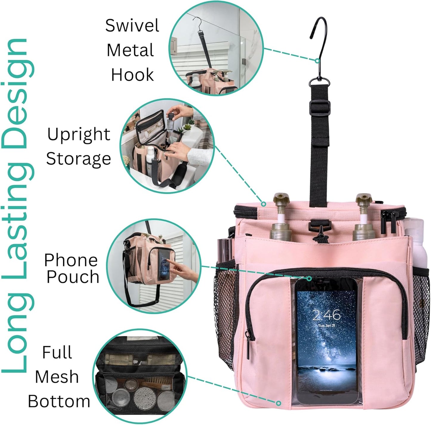 XL Portable Shower Caddy Bag for Girls with Extra Storage, Durable Mesh Bottom, Shoulder Strap, Keychain Holder Shower Caddy Case for College Dorms - Travel Vacation Essentials (Blush Pink)