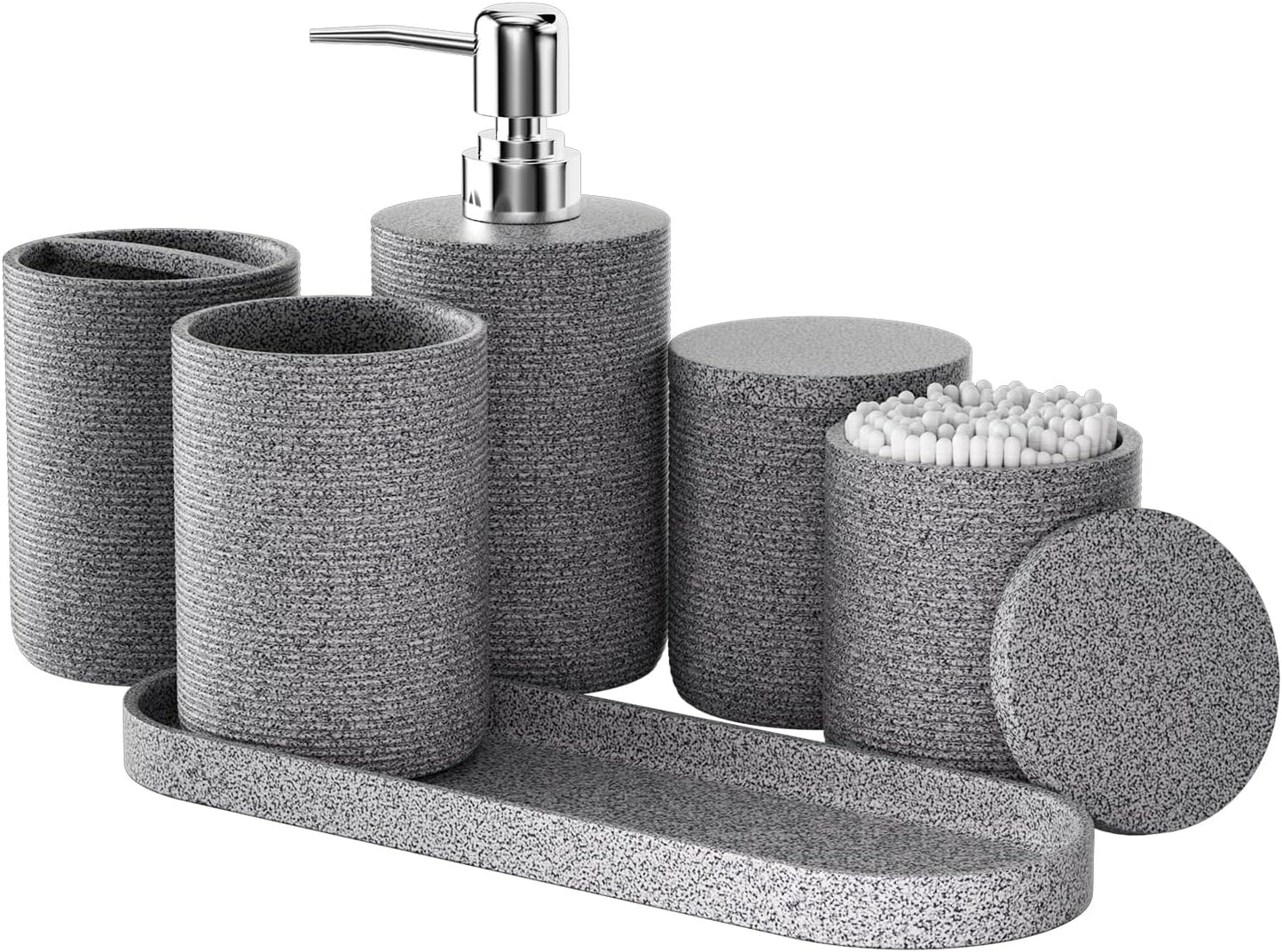 6-Piece Bathroom Accessory Set Resin, Gray Bath Accessories Complete with Toothbrush Holder, Lotion Soap Dispenser, 2 Qtip Holders,Vanity Tray,Bathroom Tumbler - Countertop Vanity Organizer