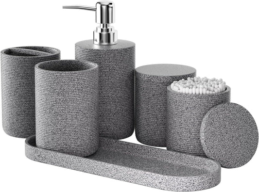 6-Piece Bathroom Accessory Set Resin, Gray Bath Accessories Complete with Toothbrush Holder, Lotion Soap Dispenser, 2 Qtip Holders,Vanity Tray,Bathroom Tumbler - Countertop Vanity Organizer