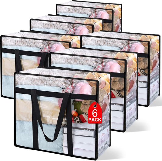 6Pack Clear Blanket Storage Bags, Vinyl Comforter Clothes Storage Closet Organizers and Storage Containers Moving Bags with Reinforced Handle for Bedding, Clothing, Comforters, Pillows, Toys,40L