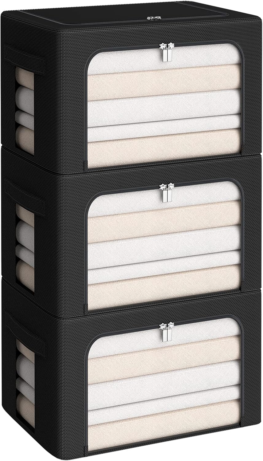 3Pack Frame Storage Box - Clothes Storage Bin Bags Oxford Fabric Foldable Stackable Container Organizer Set with Clear Window & Carry Handles (Black, X-Small-36L)
