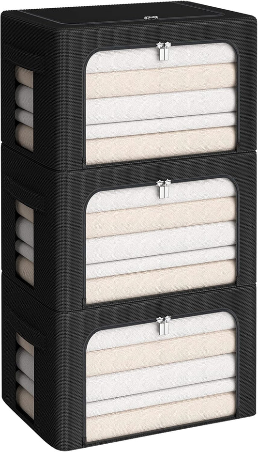 3Pack Frame Storage Box - Clothes Storage Bin Bags Oxford Fabric Foldable Stackable Container Organizer Set with Clear Window & Carry Handles (Black, X-Small-36L)