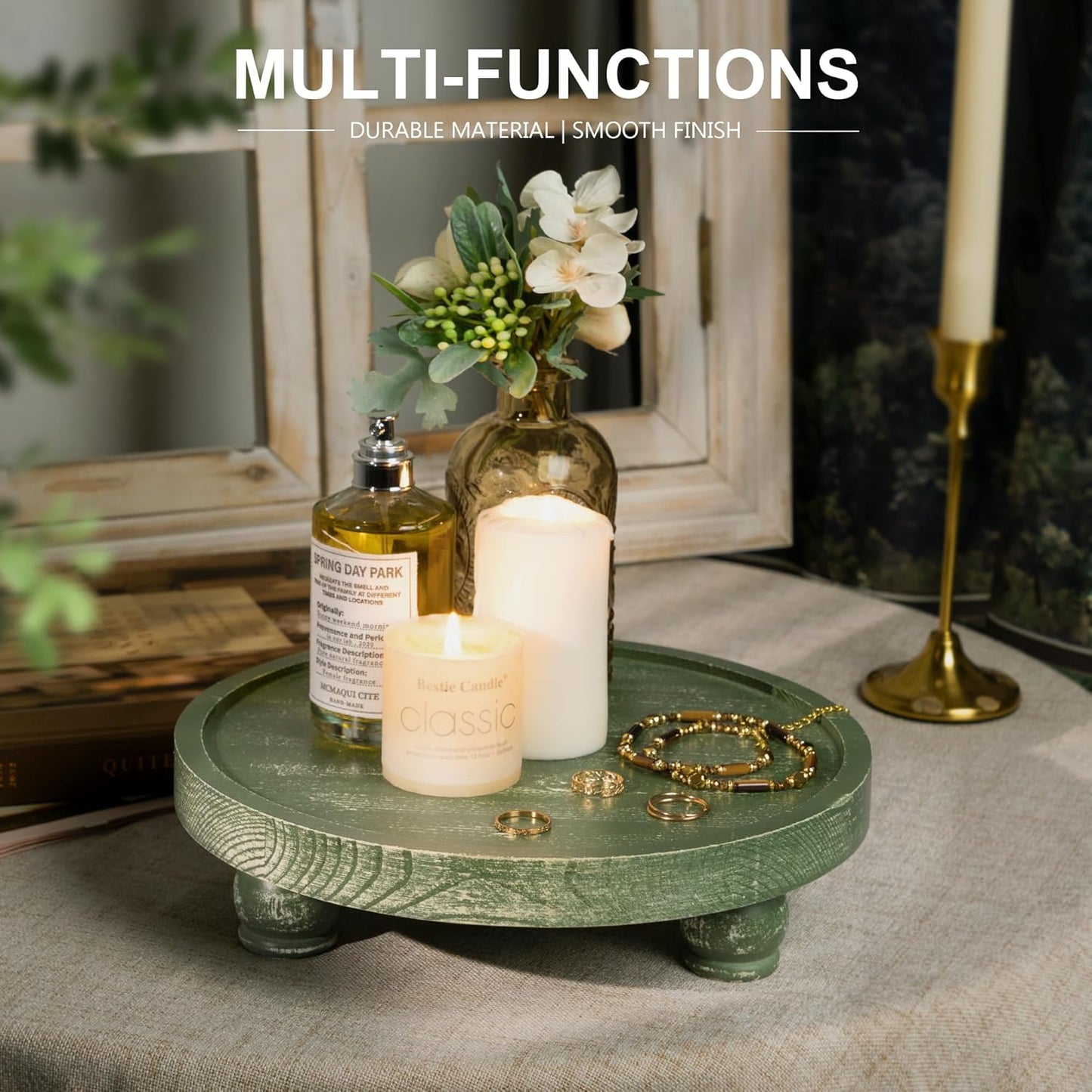 EOSAHR Farmhouse Pine Wood Riser for Home Decor – Round Pedestal Stand for Coffee Table & Kitchen Sink – Stylish Display Stand for Dish Soap Dispenser, Candles, Plants, and Cupcakes (Green)