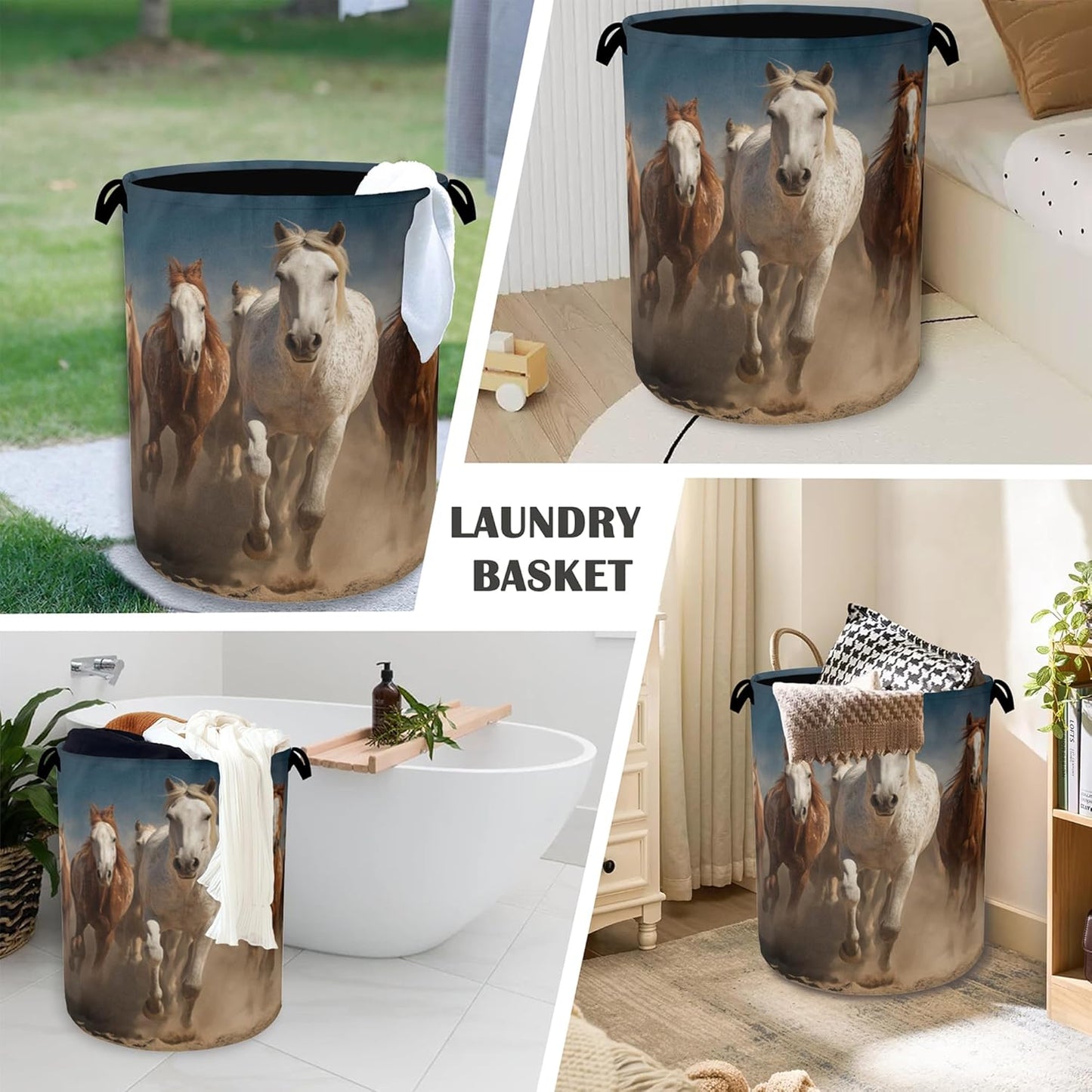 Running Horse Laundry Hamper,Dirty Clothes Laundry Basket with Handles Waterproof Oxford Cloth Storage Basket for College Dorms Bathroom Bedroom 16" x 20.8"