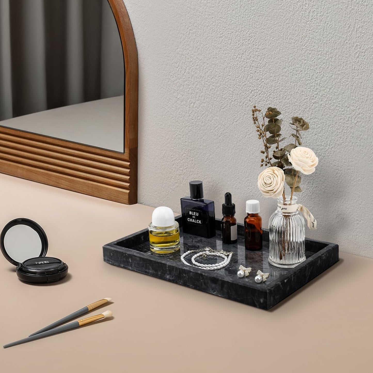 Real Natural Marble Tray for Bathroom, Vanity, Kitchen and Desktop, Rectangle Genuine Marble Stone Tray for Jewelry, Cosmetics, Candles, Lotion, Perfume and Home Decor Black