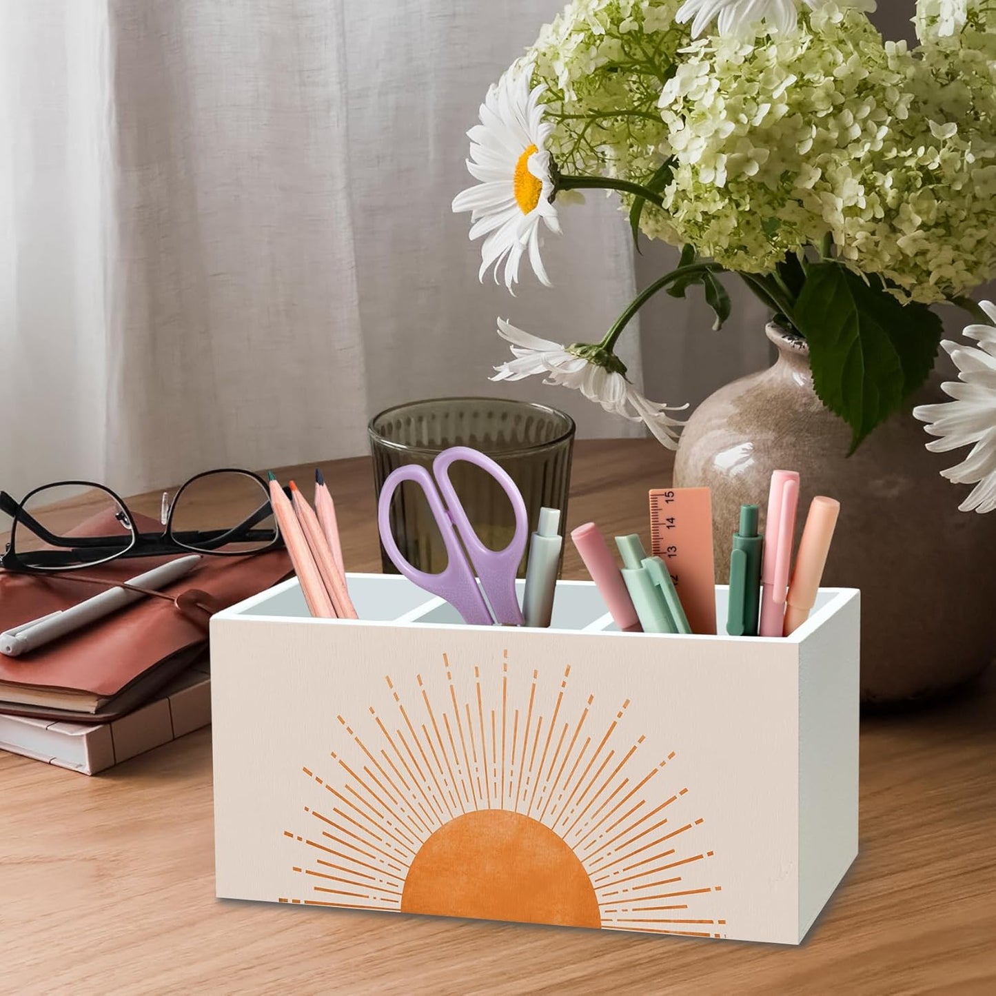 DILSJ Boho Abstract Sunshine Pen Pencil Holder Organizer for Desk, Boho Office Decor, Mid Century Modern Minimalist Sun Sunset Sunshine Wooden Box Signs for Home Office Desk Tabletop Decoration