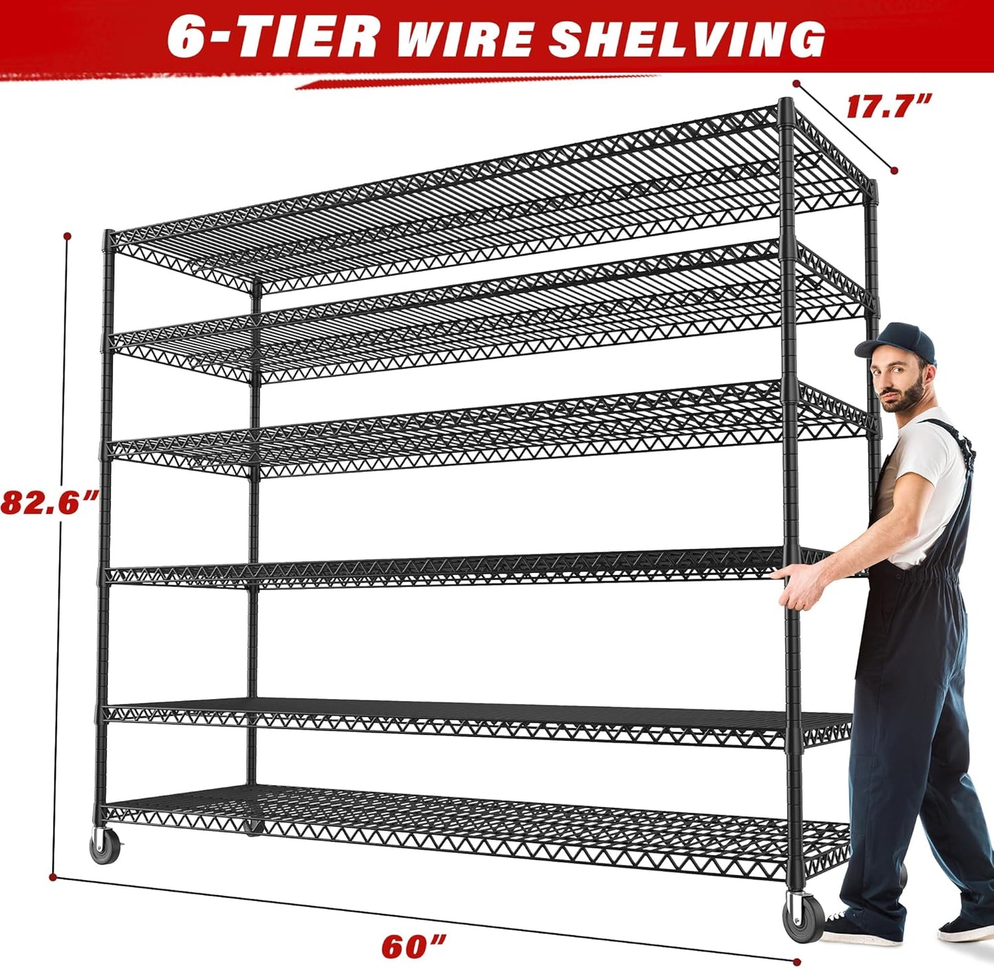 REIBII 82.6" H*60''W*17.7" D Steel Heavy Duty Wire Shelving with Wheels, 6-Tier Adjustable Storage Shelves 3598LBS Commercial Metal Shelves for Pantry, Garage, College Dorm School Industrial Shelving