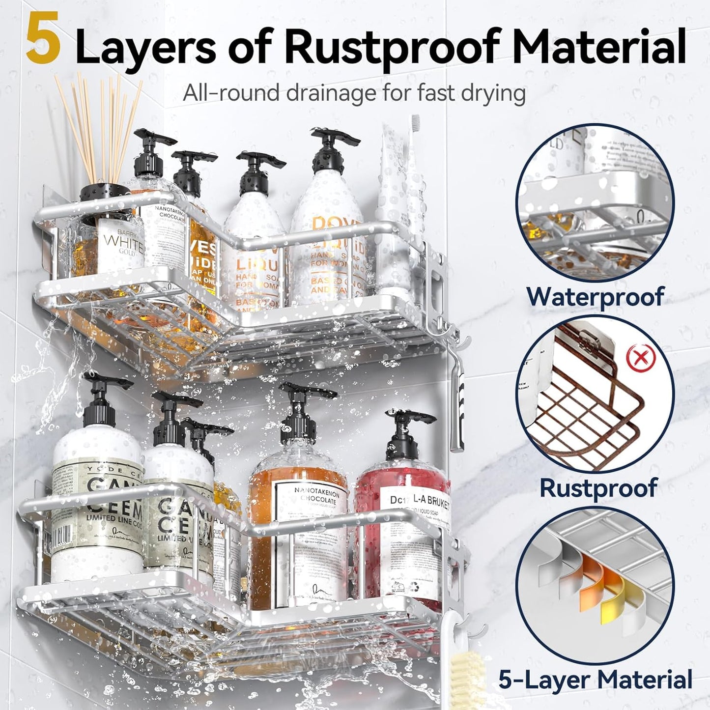 YASONIC Corner Shower Caddy Organizer, 5-Pack Self-Adhesive Rustproof Bath Shelves with Soap Holder & 4 Hooks, Large Capacity Shower Storage Rack for Bathroom Organization, Silver