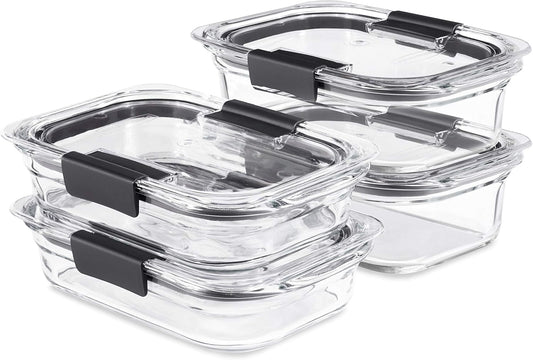 Rubbermaid Brilliance Glass Food Storage set of 4 containers 8 total pieces (4 containers + 4 lids) for Lunch Meal Prep and Leftovers Dishwasher and Oven Safe Clear/Grey