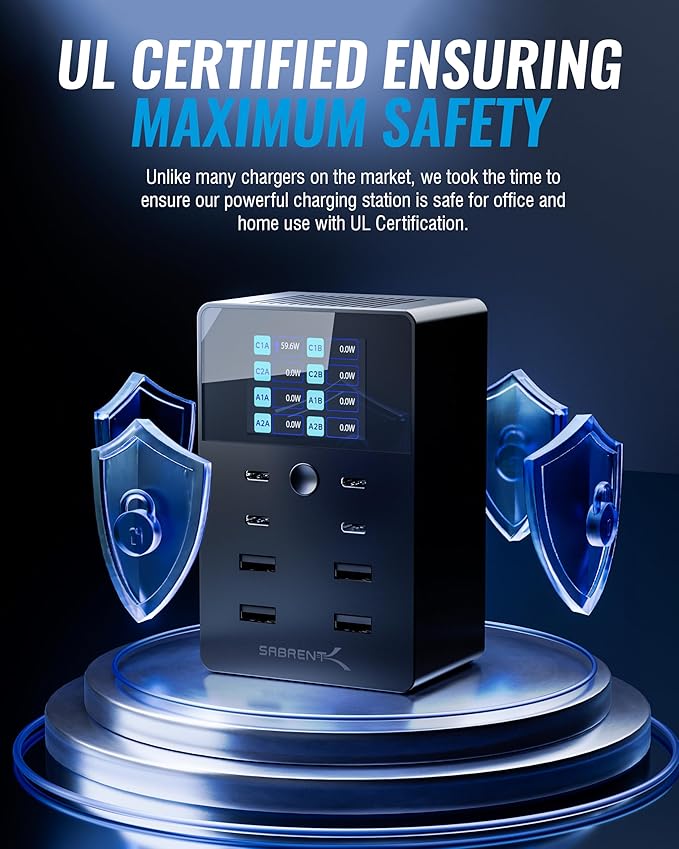 SABRENT 252W USB C Charging Station, 8-Port Desktop Fast PD Charger Block with LCD Power Display for Multiple Devices, Active Cooling – (AX-8PTC)