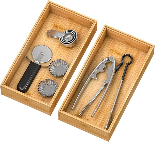 Bamboo Kitchen Drawer Organizer,Stackable Silverware Tray Utensil Organizer Cutlery Holder for Kitchen,Wooden Storage Box for Bathroom, Multi-Use Drawer Organizer for Office,Makeup(12x6x2.5 inch）