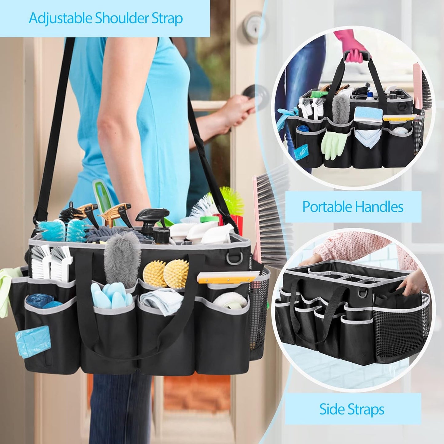 Extra-Large Wearable Cleaning Caddy, Organizer Bag for Products, Housekeeper Tote With Pad, Handle & Divider, Car Wash Tools Bag for Detailing Supplies, Gray Edge