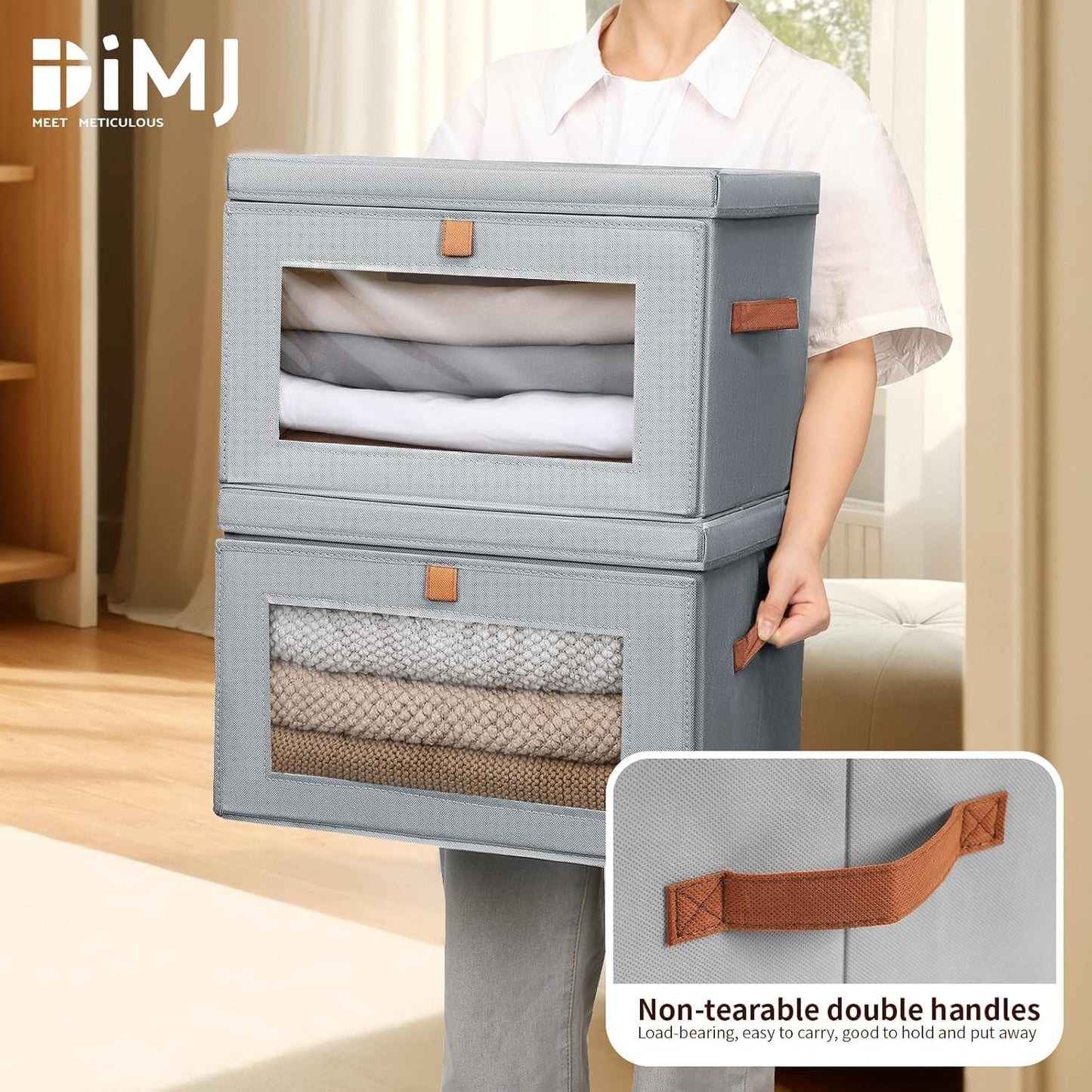 DIMJ Storage Bins with Lids - 5 Pack Large Fabric Closet Organizer with Window & Handles, Collapsible Decorative Storage Boxes for Shelves Under Bed, Books Clothes Blankets Sweaters Organization