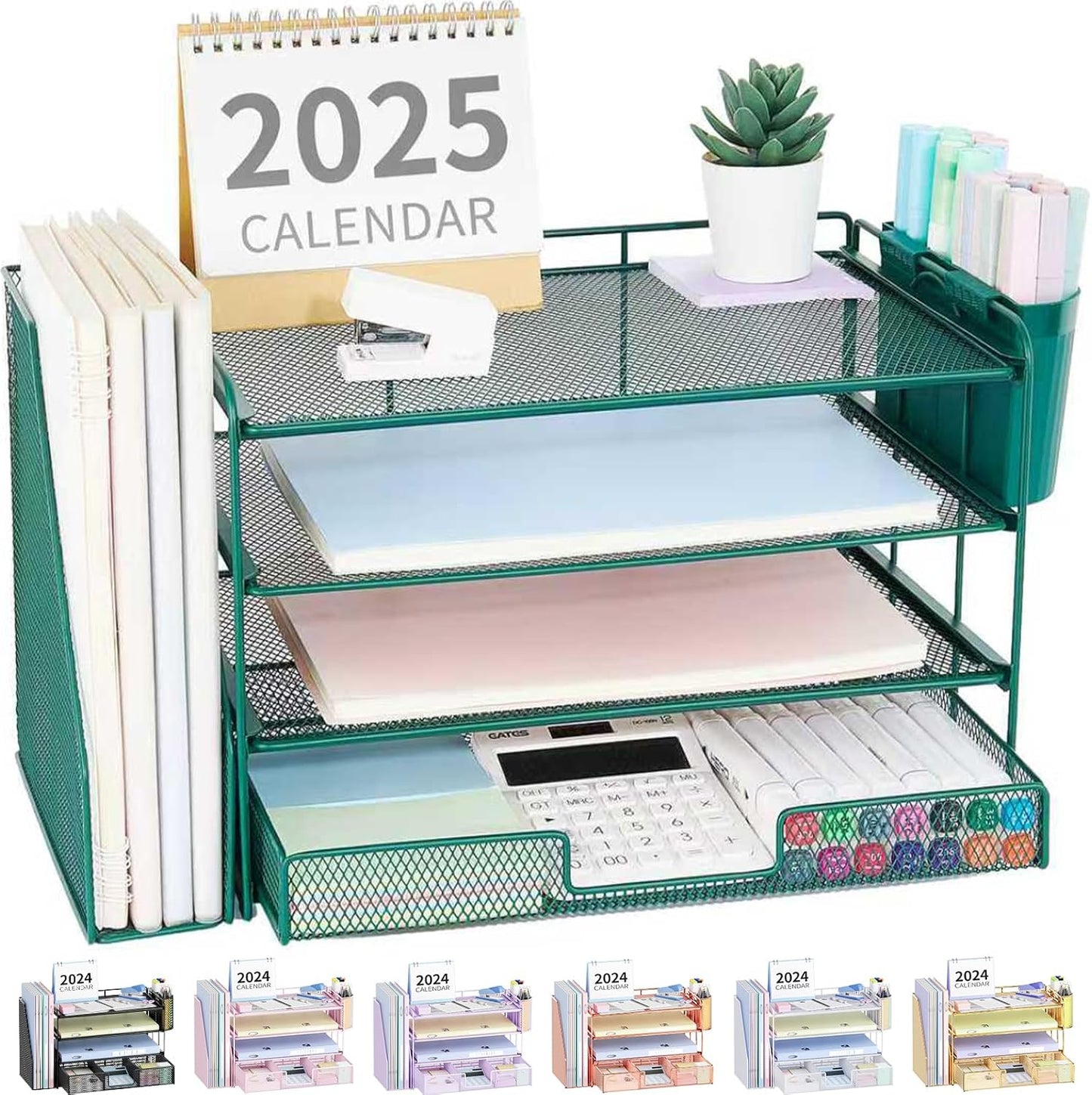 Desk Organizer and Accessories, 4-Tier Desktop File Organizer with Drawer and 2 Pen Holders, Office Desk Accessories, File Sorters, Workspace Organizers for Office Supplies(Dark Green)