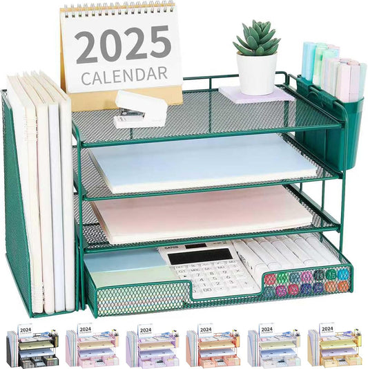 Desk Organizer and Accessories, 4-Tier Desktop File Organizer with Drawer and 2 Pen Holders, Office Desk Accessories, File Sorters, Workspace Organizers for Office Supplies(Dark Green)